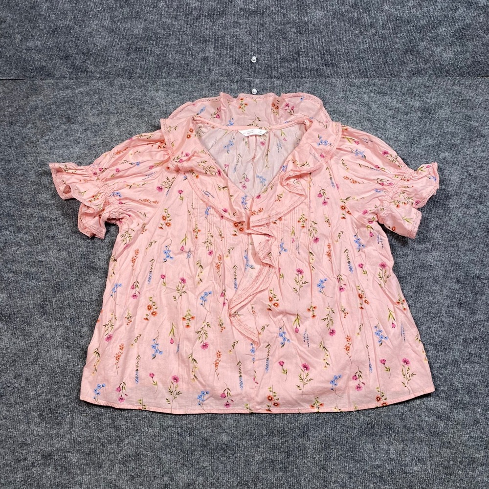 LC Lauren Conrad Pink Floral Ruffle V-Neck Blouse Plus Size 1X Short Sleeve Boho